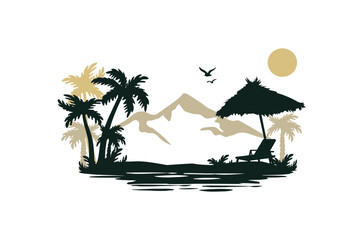 straw umbrella on the ocean shore against the background of mountains and palm trees vector. mountain landscape with palm trees vector rising sun