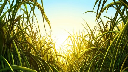 Sunrise over rice paddy, vibrant green stalks, peaceful rural scene, agricultural backdrop