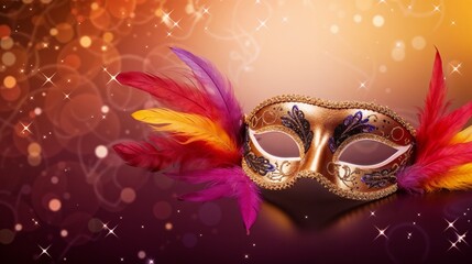 Colorful decorative mask with feathers on a shimmering background with copy space
