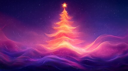Illuminated Christmas Tree Surrounded by Dreamy Colorful Waves in Night Sky