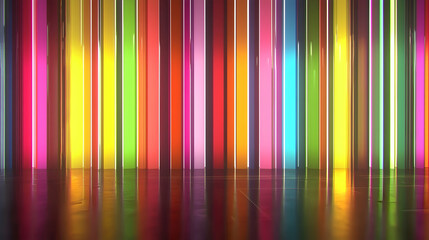 Colorful striped wall reflecting on glossy floor, studio backdrop, vibrant background, graphic design element