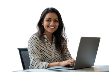A photo of an attractive Indian woman sitting at her desk in front of a laptop transparent background (3)