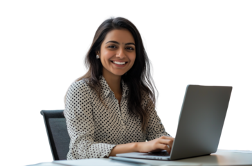 A photo of an attractive Indian woman sitting at her desk in front of a laptop transparent background (3)