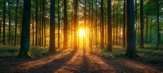 Fototapeta premium a panoramic view of the forest at sunrise,