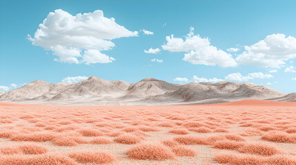 Naklejka premium Pink Desert Landscape Under Blue Sky with Fluffy Clouds