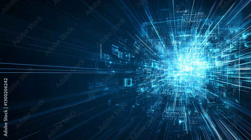 Poster abstract digital blue network with glowing lines and light effects in a dark background