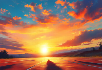 Sunset Road: A breathtaking view of a road leading into a vibrant sunset, with dramatic clouds painted across the sky in a palette of fiery orange and deep blue.