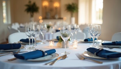 Round table set for wedding reception with blue napkins, silverware. Wine glasses, centrepiece, candles, white tablecloth, chairs. Elegant romantic festive catering for dinner, lunch, meal indoors.