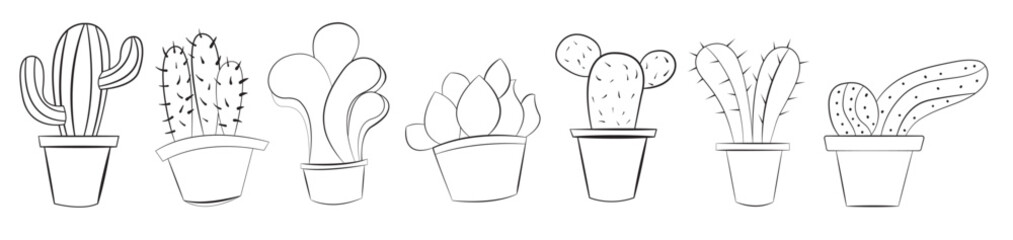 Set of cacti in pots. Stylish cacti.Collection of cactus icons