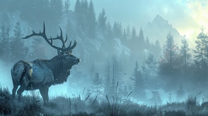 A powerful stag stands amidst a snow-covered wilderness, surrounded by towering mountains and misty pine forests. The icy blue tones and soft snowfall