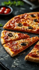 Slices of pepperoni pizza with black olives on a dark stone surface