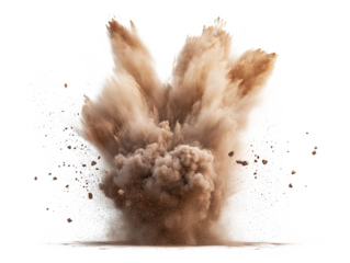 Dynamic explosion with flying particles, isolated on transparent cutout background