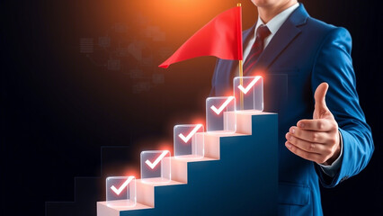 businessman with graph, Business success journey and goal achievement concept. Businessman drawing checkmarks on virtual staircase steps leading to a red flag symbolizing success. Planning , progress.