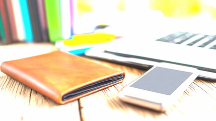 Brown Leather Wallet and Mobile Phone on Wooden Desk