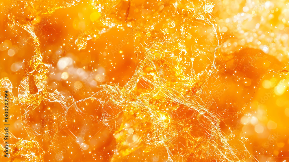 Poster abstract golden background with bokeh effect and bright particle lights in orange color