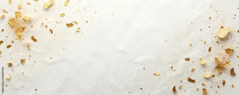 Poster white paper background with scattered gold sheet particles. abstract design with golden and light pa