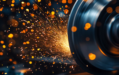 Dynamic close-up of sparks flying from industrial machinery in action.