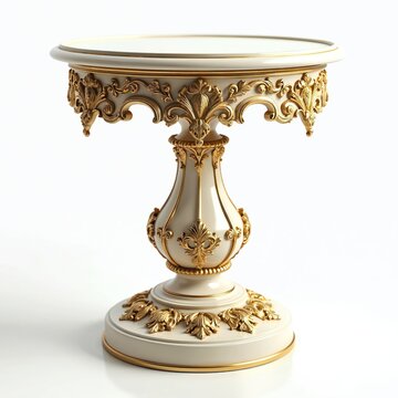 recommend clip art: Elegant white, gold ornate pedestal table isolated on transparent background. Classic furniture design with intricate, detailed decoration. Stylish vintage display table for interior decor, home