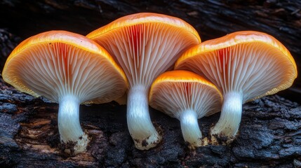 Tiny mushrooms lined up on dark soil and stone