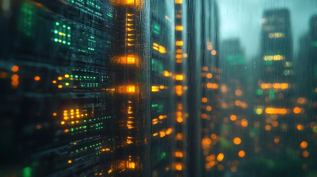 Servers glow, city blurs in background