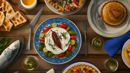 Diverse dishes spread on a rustic wooden table