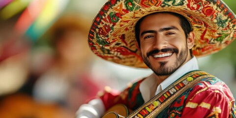 Obraz premium Smiling musician wears traditional attire and sombrero while playing guitar at cultural festival