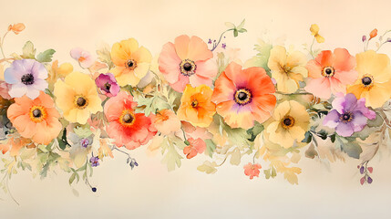 A vertical watercolor painting of anemones, daisies, and poppies in soft orange tones
