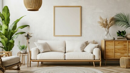 Serene Living Room: Minimalist Beige Sofa, Natural Decor, and Calm Atmosphere
