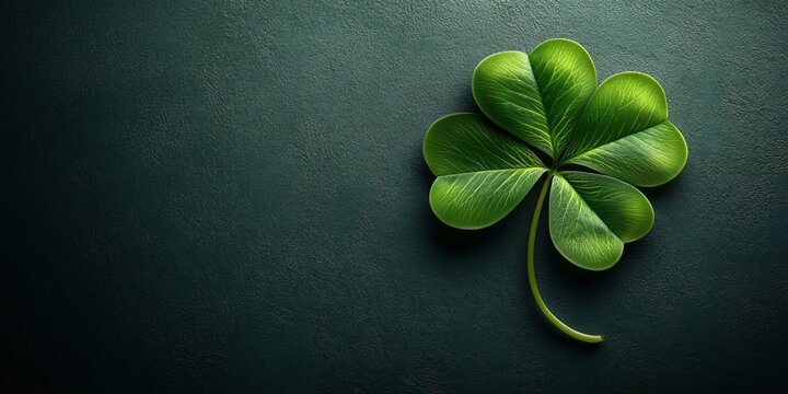Vibrant four-leaf clover on a dark green background, ideal for St. Patrick's Day greetings or nature-related designs. Tranquil and serene atmosphere.