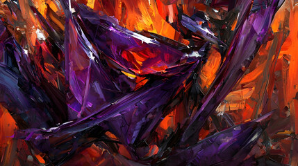 Abstract Purple Crystal Structure Against Fiery Background, Digital Painting, Art Design