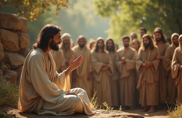 Jesus Christ preaches to crowd in outdoor sermon. Man shares message of faith to disciples. Religious leader in robe speaks to serene people about wisdom, forgiveness and new testament.