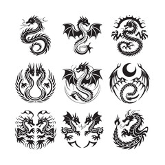 Obraz premium vector illustration, set of round tribal dragon designs, black and white graphics vector illustration, set of round tribal dragon tattoo designs, black and white graphics