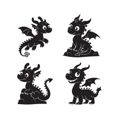 silhouette of black big dragon Black dragon icon isolated on white background.
Smiling dinosaur symbol