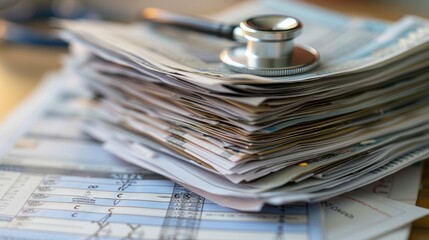 Stacked Medical Reports and a Stethoscope on a Desk Representing Health and Social Issues in the Healthcare Industry