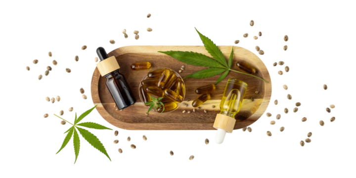 Cbd oil dropper glass bottles, capsules from medical hemp seeds isolate on white background with cannabis plant leaf. Cannabis products