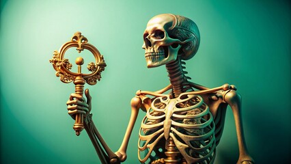 Silhouette Skeleton with Golden Key - Pastel Mint Green Background - Mystical Stock Photo