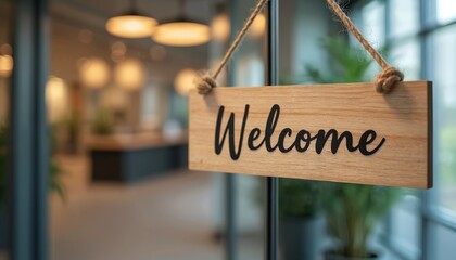 Welcome sign hangs on office door, greeting new employee. Fresh start, new job opportunities concept. Wooden signboard on rope with plants, office lights interior. Invite to join team.