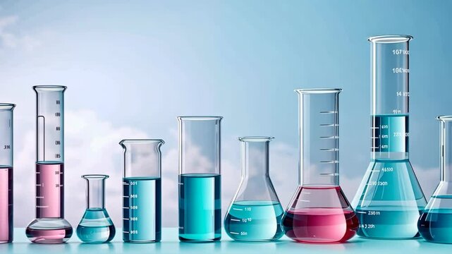 Laboratory equipment beakers and flask with backlight. Laboratory glassware with blue and pink liquids, zoom in