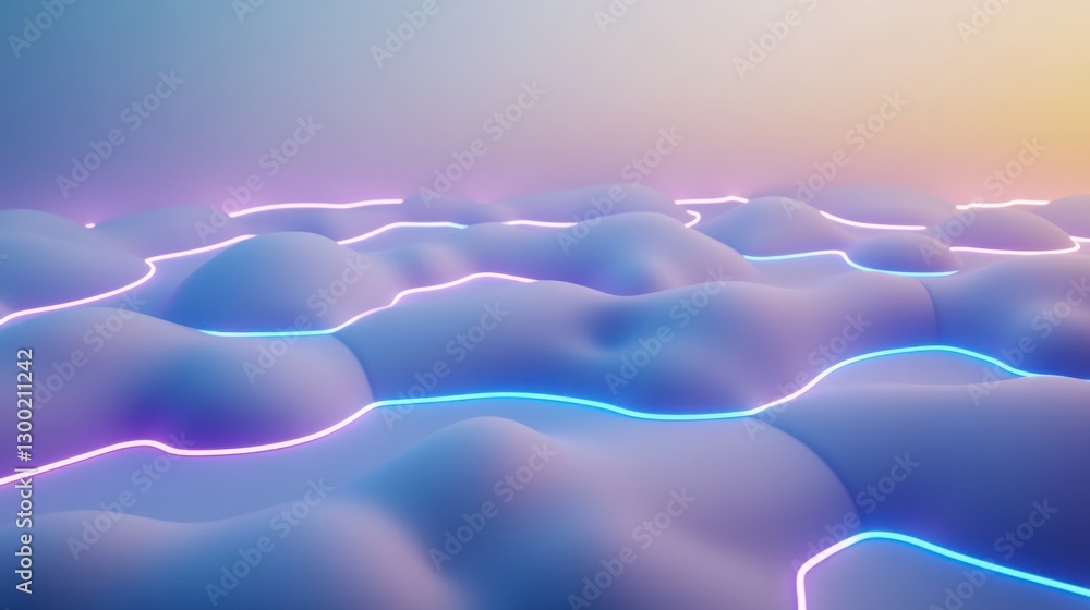 Poster a futuristic 3d-rendered blockchain network glowing in neon blue and purple, floating in a digital s