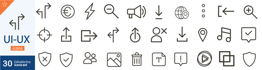 UI and UX Line Icons Set. Set of 30 outline icons related to UI/UX design, user experience, and interface element. Vector illustration. Linear icons set. UI/UX outline icon collection. Editable stroke