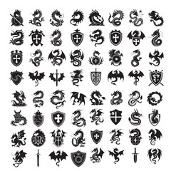 Heraldry design set Heraldic elements set: eagle, dragon, lion, bee Black Crest Elements