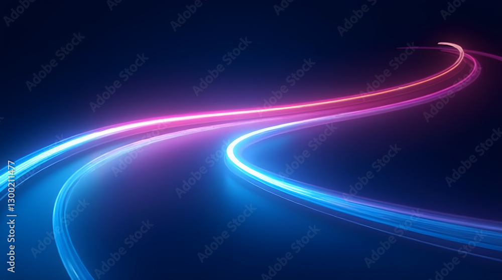 Aufkleber dynamic abstract futuristic pink and blue neon light trails flowing curves motion blur dark backgrou
