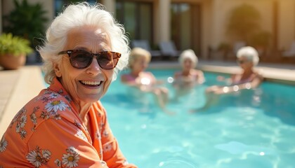 Happy 70 year old woman in sunglasses. Senior with friends relax in luxury resort pool at retirement village. Older people together enjoy summertime, vacation and healthy lifestyle.