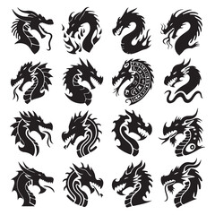 Dragon Head silhouette logo white background set Dragon head Tribal dragon silhouette logo design, dragon vector icon