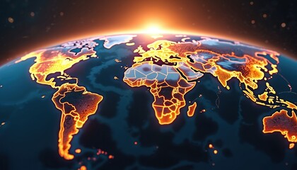 Holographic visualization of Earth. Orange glowing continents display global wealth distribution, economic clusters, with data trends in different regions. Interactive digital map shows geographic