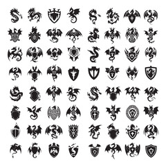 Heraldry design set Heraldic elements set: eagle, dragon, lion, bee Black Crest Elements