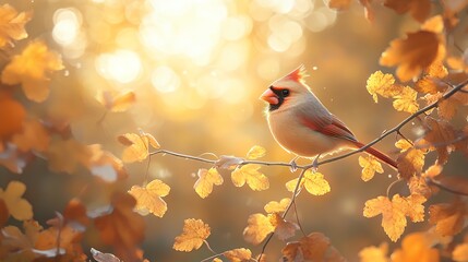 Vibrant Cardinal Bird Perched Among Autumn Leaves in Soft Golden Light
