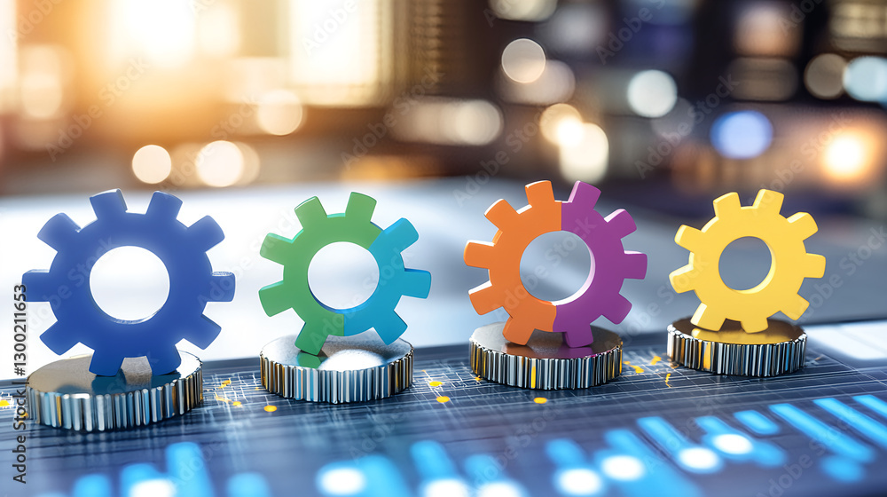 Poster optimizing business processes with gears modern office infographic digital environment close-up effi