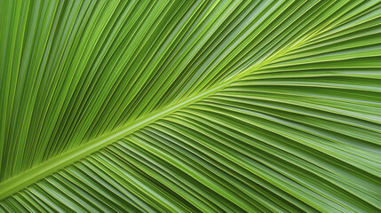 Obraz premium Vibrant close up of green palm leaf showcasing its intricate texture and natural pattern. leaf veins create striking visual effect, highlighting beauty of nature