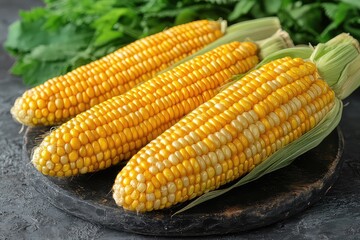 Freshly harvested corn cobs arranged on a rustic wooden board with green leaves in the background